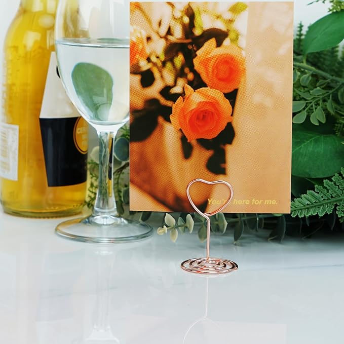 20pcs Mini Place Card Holders, Wire Table Picture Photo Holders with Heart Shaped Menu Memo Clips for Wedding Favors (Rose Gold)