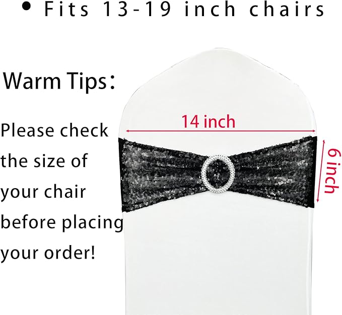 100 Pcs Chair Sashes Sequin Stretch Chair Bands Spandex Polyester Bows for Party Hotel Wedding Banquets Decoration - Black