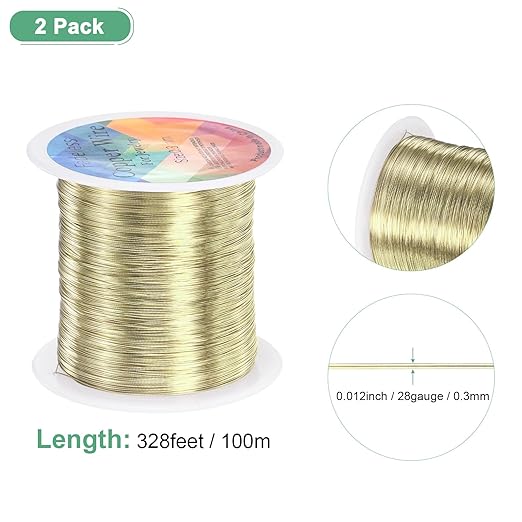 2-Rolls 0.3mm Jewelry Wire, 28 Gauge 328FT Craft Wire Copper Beading Wire for Jewelry Making/Planting/Weaving/DIY Crafting, Soft Metal Wires [100M, Light Golden]