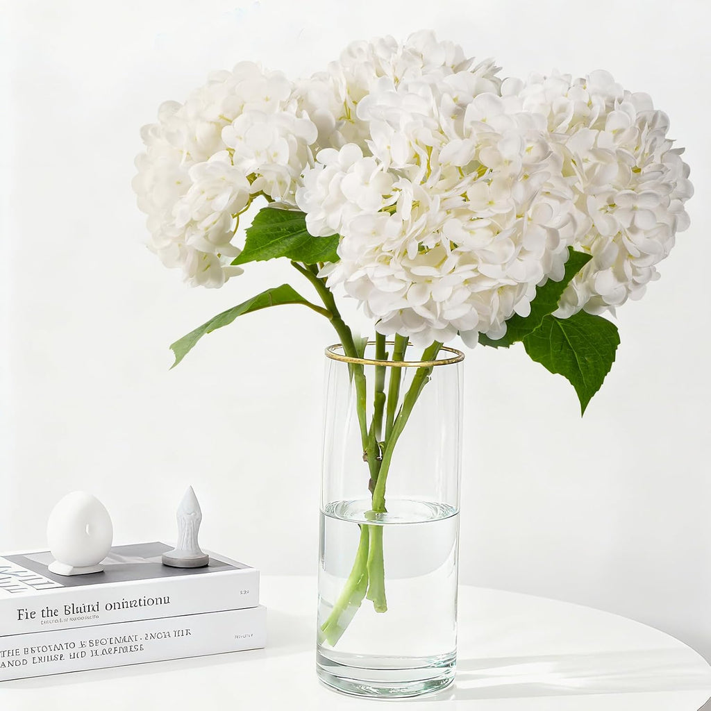 20" 4Pcs White Faux Hydrangea Flowers Real Touch Fake Hydrangeas Bouquet Hydrangea Artificial Flowers with Leaves Stems for Centerpiece Arrangements Wedding Party Home Décor