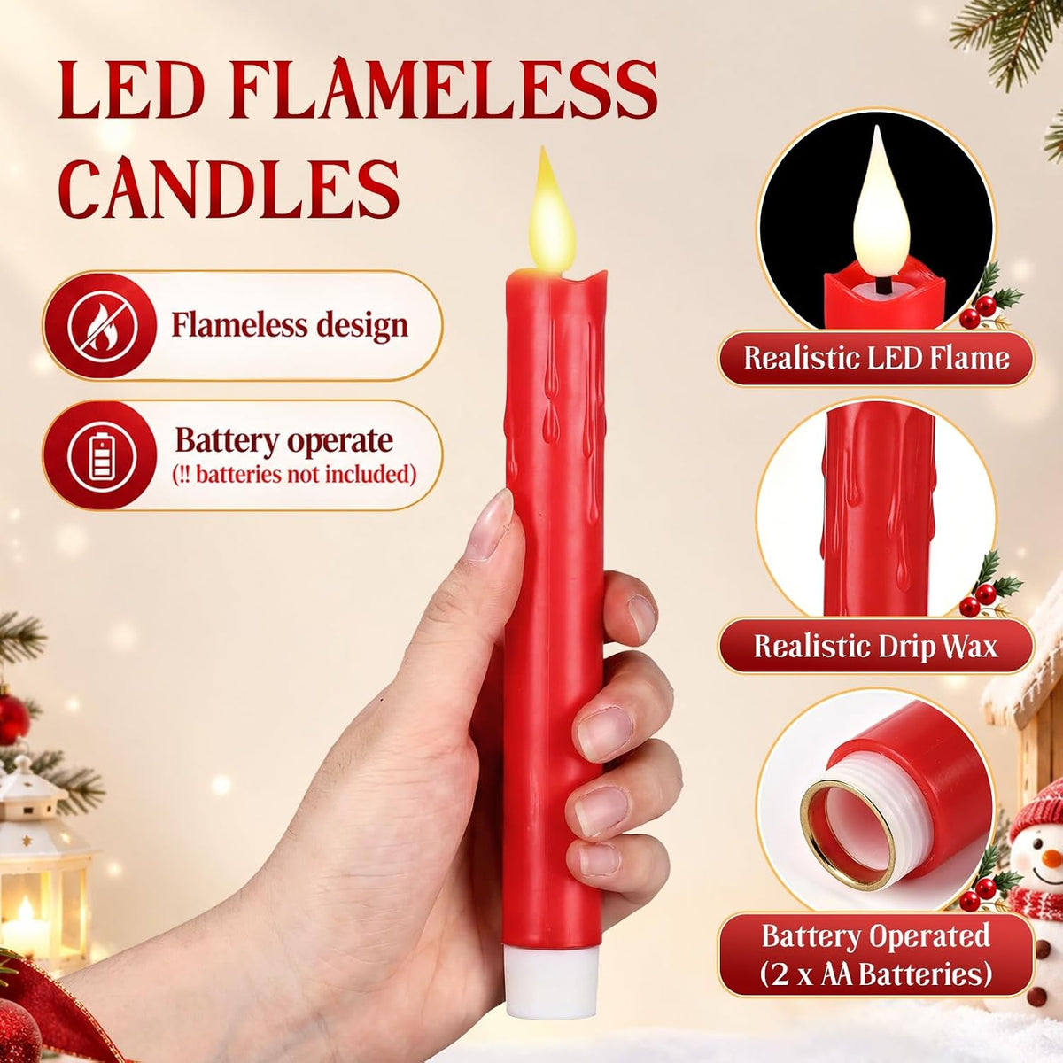 Baquler 24 Pcs 7.5" Red Flameless Taper Candle LED Stick Battery Operated