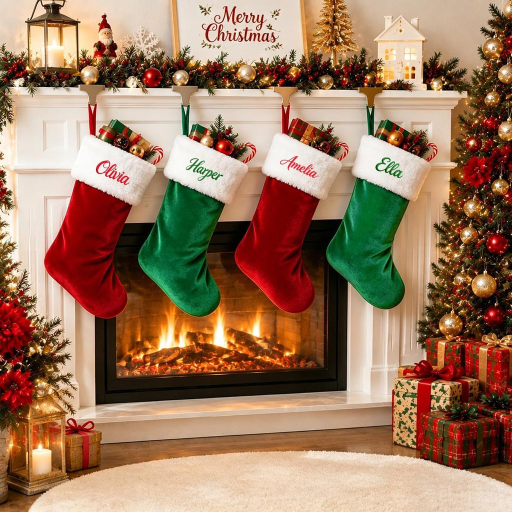 Personalized Christmas Stockings,Custom Embroidered Name Family Stocking | 20 Inch Large Red Velvet with White Soft Plush Cuff Xmas Stocking ,Holiday Stocking for Fireplace Party Decoration(1 Pcs)
