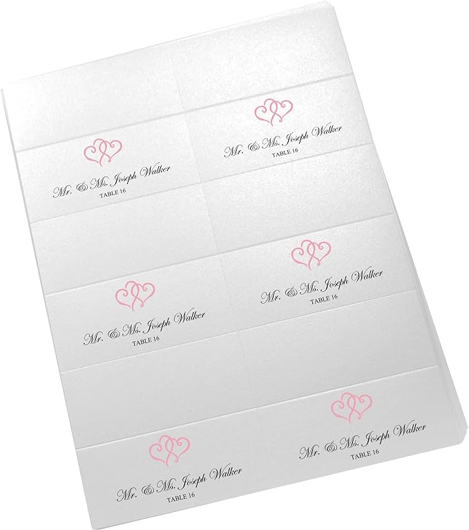 Linked Hearts Printable Place Cards, Pink (Choose Color), Set of 60 (10 Sheets), Laser & Inkjet Printers - Wedding, Party, Dinner, and Special Events - Made in the USA
