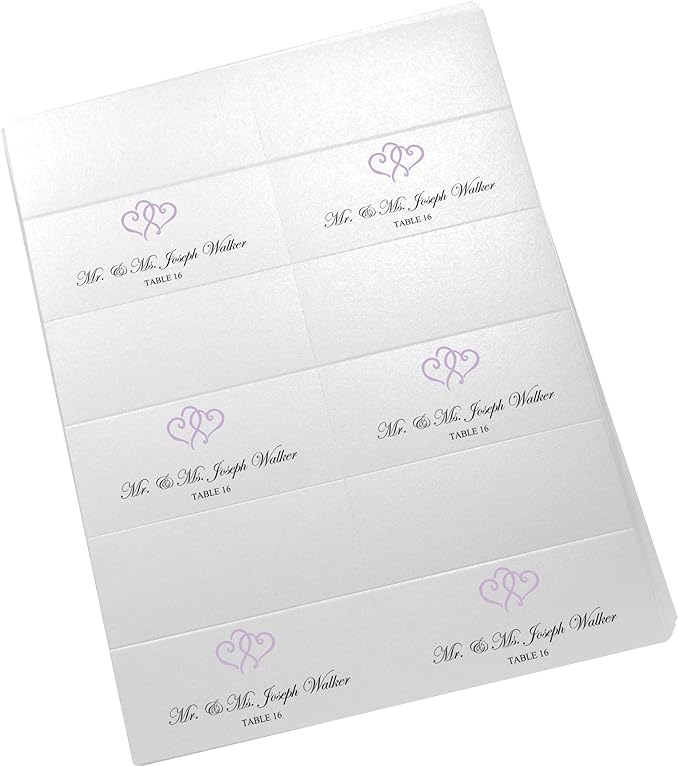Linked Hearts Printable Place Cards, Lavender (Choose Color), Set of 150 (25 Sheets), Laser & Inkjet Printers - Wedding, Party, Dinner, and Special Events - Made in the USA
