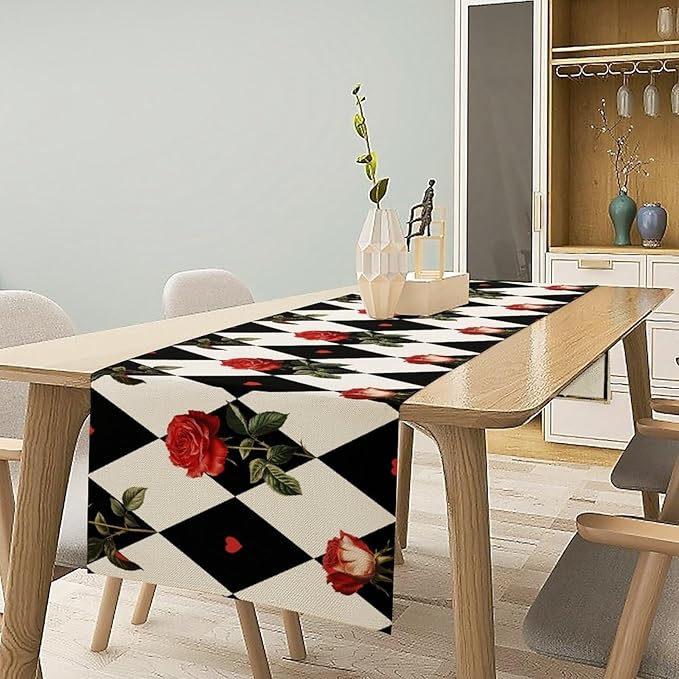 Vintage Rose Table Runner, Red Rose Hearts Black White Checkered Background Table Runner for Kitchen Dinning Table Runner Decor Home Wedding Party Holiday, 13x120 Inch