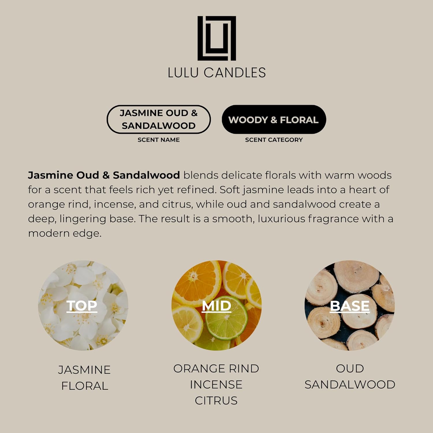 Lulu Candles | Jasmine, Oud & Sandalwood | Luxury Scented Soy Jar Candle | Hand Poured in The USA | Highly Scented & Long Lasting (9 Oz.)
