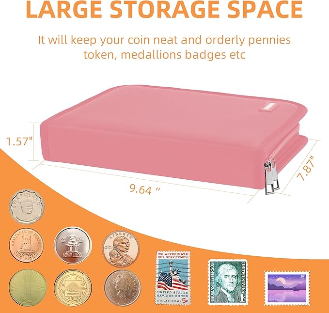 Coin Collection Book for Collector,260 Pockets Fireproof Coin Collection Holder Album,Coin Collection Organizer Storage Box Case Album for 20/25/ 27/30/ 38mm Coins,Pink