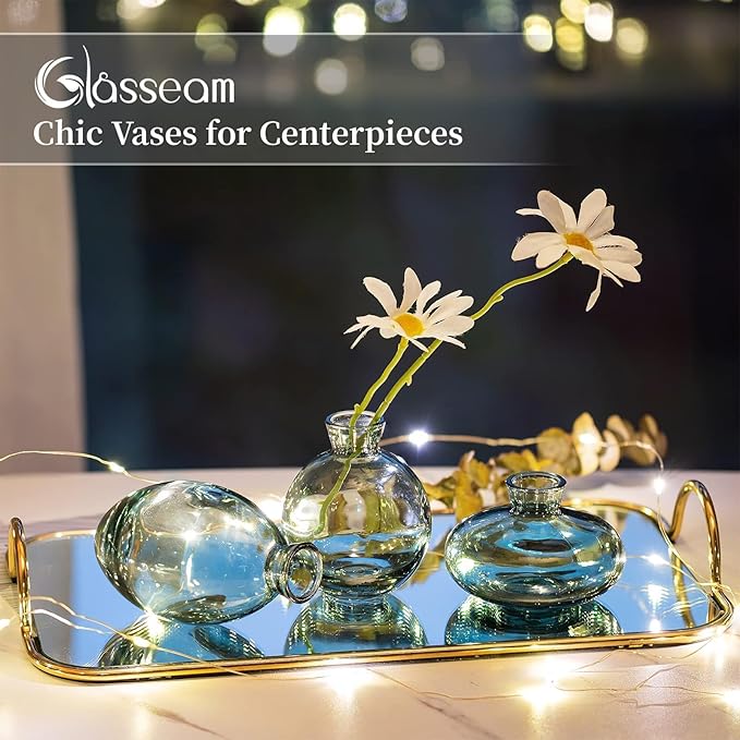 Glass Bud Vase for Centerpieces: 12Pcs Glasseam Green Mini Small Vases for Flowers Bulk Flower Vase Set Aesthetic Cute Handmade Tiny Short Wedding Table Centerpiece Decor