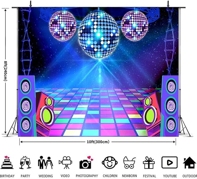 Dance Party Backdrop Retro 80s 90s Theme Stage Dance Ball Music Birthday Party Decoration DJ Photography Background 10 x 8 ft for Baby Shower Picture Photo Shoot Polyester Fabric