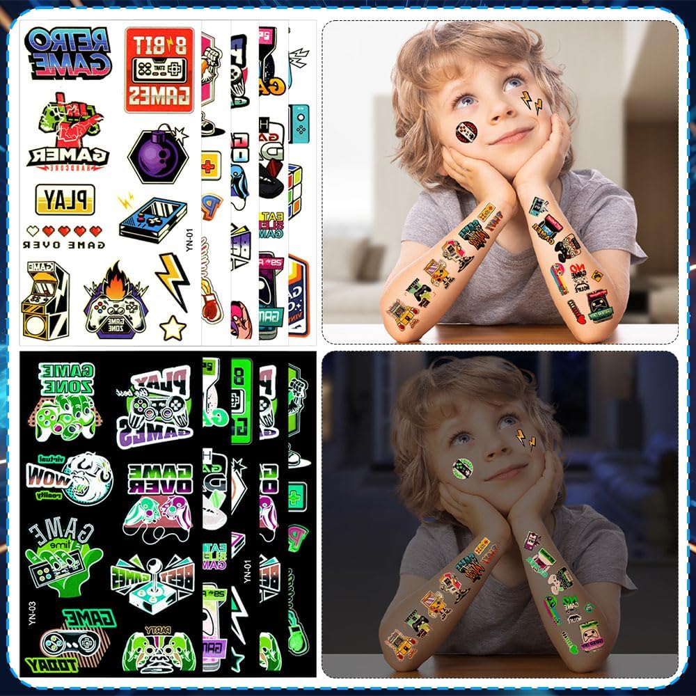 84Pcs Video Game Party Favors Birthday Supplies Kids Boys Invisible Ink Pen Notebook Silicone Bracelet Stamper Tattoo Sticker Gaming Toy Gift Bag Goodie Bag Stuffers Gamer Party Favors