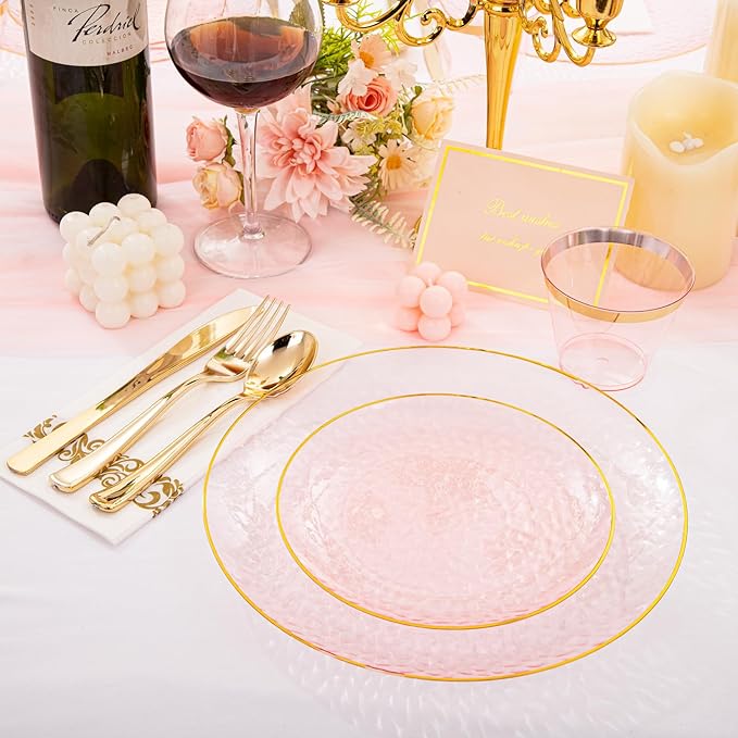 Rubtlamp 350 Pcs Clear Pink Plastic Plates, Pink Gold Plastic Dinnerware Set (50 Guests), Disposable Plates With Gold Rim, Hammered Party Plates Set for Wedding And Party