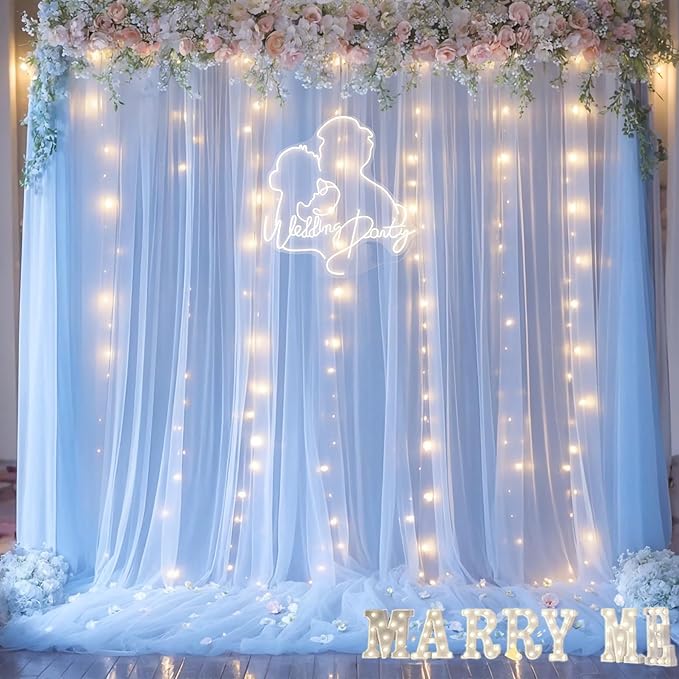 Blue Tulle Backdrop Curtains with Lights String for Parites Baby Shower 30×10ft Blue Sheer Backdrop Curtains Drapes for Bridal Shower Birthday Party Photo Shoot Background Decorations(6 Panels 5×10ft)