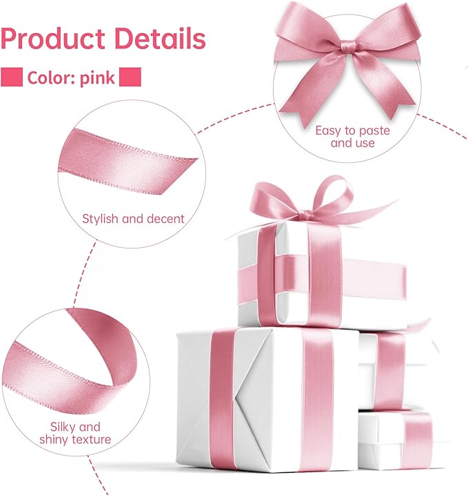 Pink Satin Ribbon 1 Inch Wide x 50 Yards, Double Faced Polyester Ribbon for Gift Wrapping, Wedding Decor, DIY Bows and Party Supplies