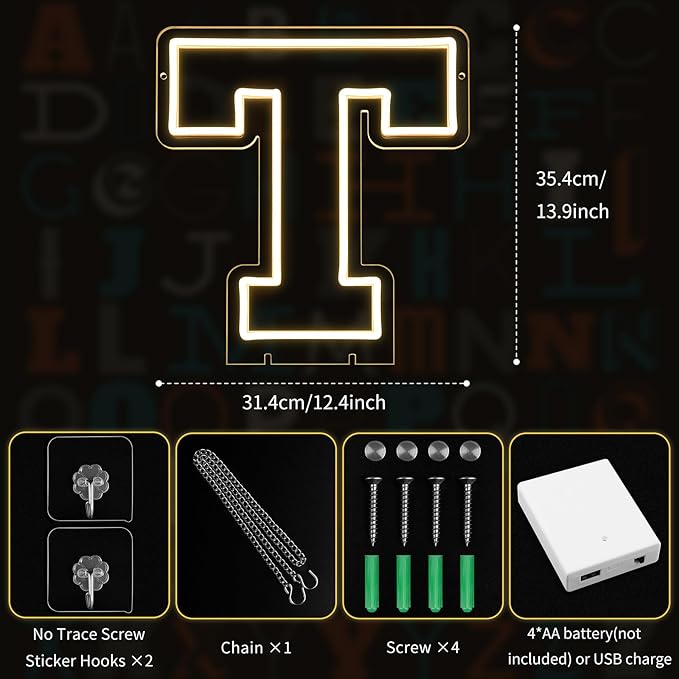 Light Up Letters T, Led Marquee Letter Lights Neon Sign, 13.9" Height Decorative Lighted Alphabet Number, Battery/USB Powered Led Letters Lights for Wedding, Birthday, Party, Christmas or Home Decor