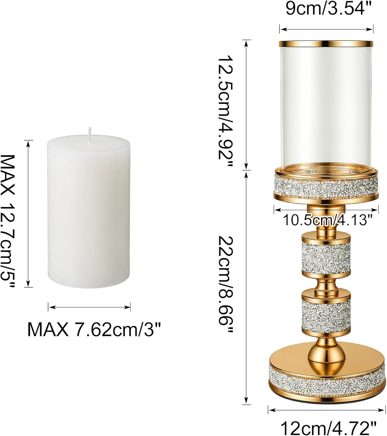 Hurricane Candle Holder, 13.5" Tall Metal Candle Stand, Glass Pillar Candle Holders, Crystal Gold Decorative Centerpieces for Table, Wedding and Dining Room (Fits Candles up to 3"x5", 2pcs, M)