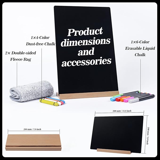 Small Chalkboard Sign, Reusable Double Sided Mini Chalkboard Signs with Wooden Base Stand, 12 x 8 Tabletop Chalkboard for Kids, DIY Home Decoration, Store Poster Display (2 Pack)