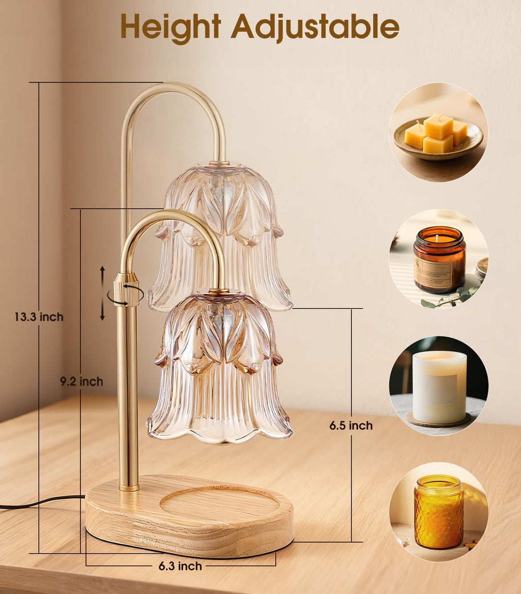 Candle Warmer Lamp Adjustable Timer - Electric Flower Glass Candles Warmers - Height Adjustable Dimmable Vintage Base Modern Wax Candles Top Warmers Wax Melts Birthday Women Mom House Warming Gifts