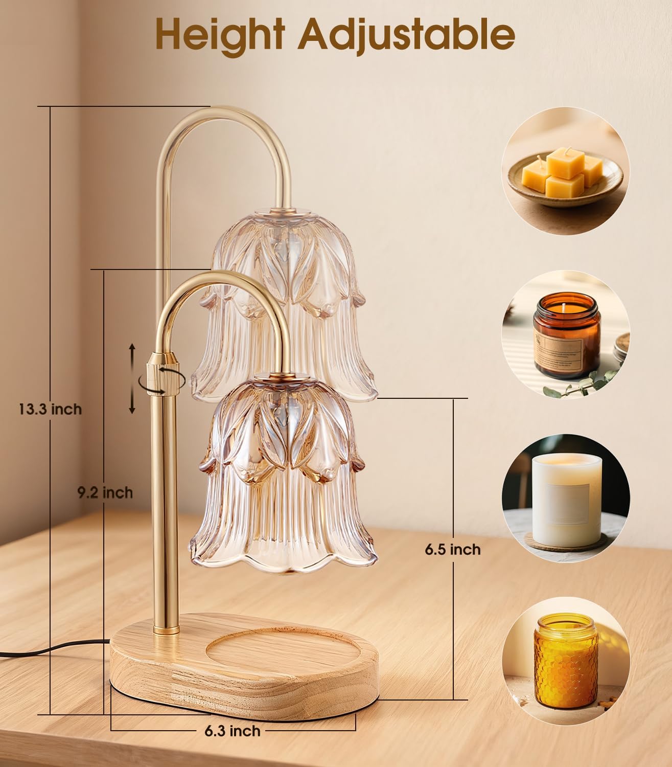 Candle Warmer Lamp Adjustable Timer - Electric Flower Glass Candles Warmers - Height Adjustable Dimmable Vintage Base Modern Wax Candles Top Warmers Wax Melts Birthday Women Mom House Warming Gifts