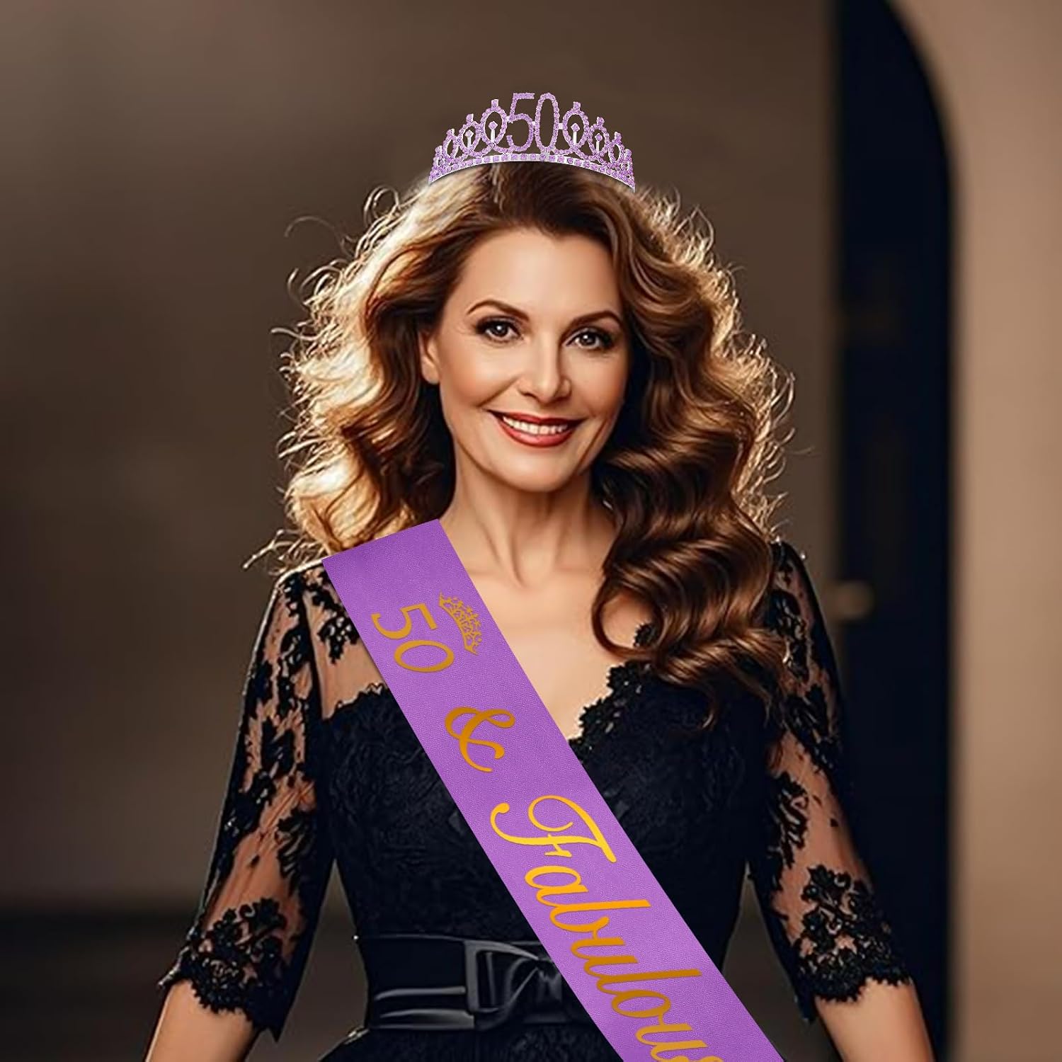 50th Birthday Gifts for Her with 12oz Tumbler/Mug Wine or Coffee, Birthday Crown, Sash, Cake Topper and Candles, 50 Year Old Decorations Women Purple