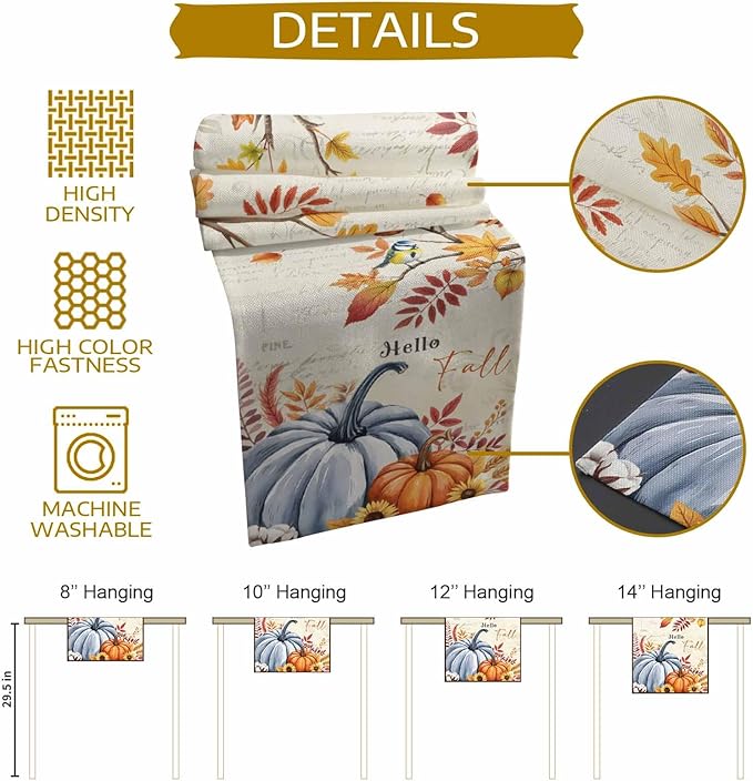 Thanksgiving Fall Cotton Linen Table Runner for Dining Kitchen, Blue Pumpkins Rustic Wedding Outdoor Party Autumn Tablerunners Decoration, Leaves Dresser Scarf Coffee Tablecloth Runners 13x36 Inches