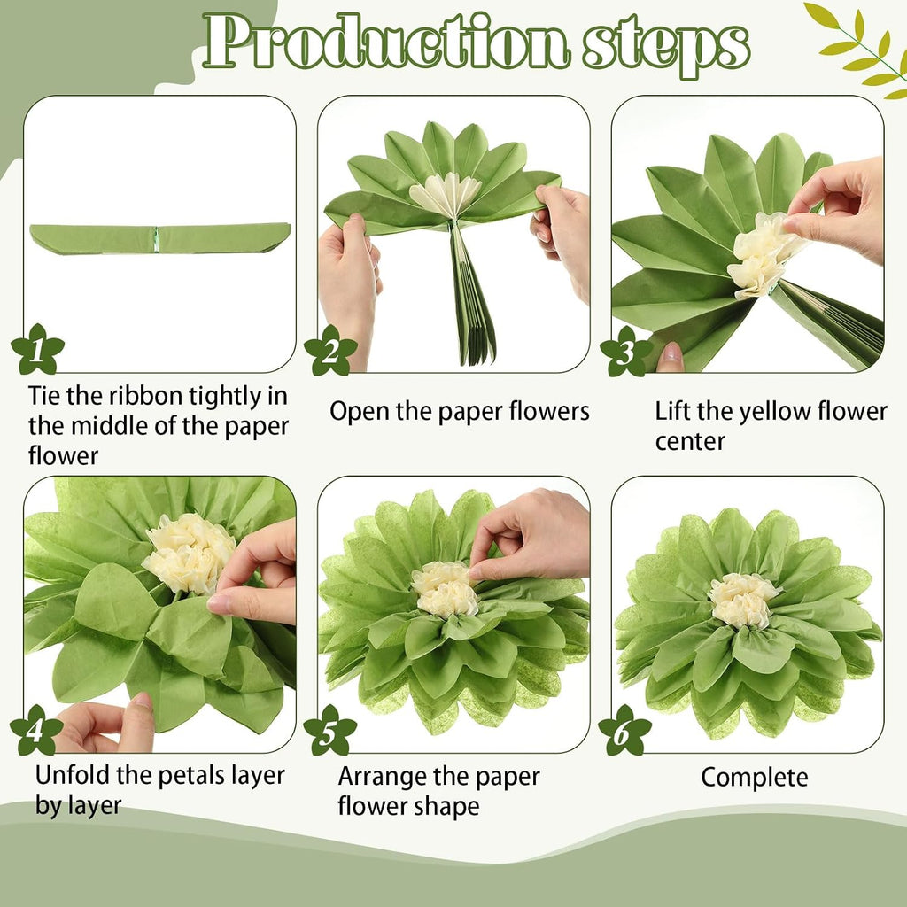 Geyee 18 Pcs Mexican Paper Flowers Colorful Fiesta Tissue Paper Flowers Pom Poms Mexican Carnival for Floral Party Backdrop Wedding Birthday Party Craft, 6" 8" 10"(Green Series)