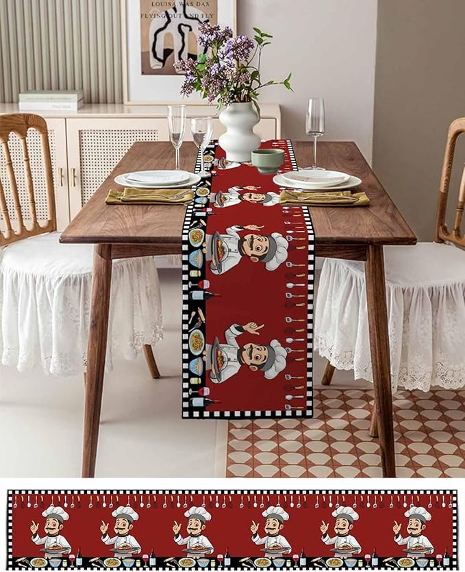 Red Chef Gourmet Cotton Linen Table Runner for Dining Kitchen, Wedding Outdoor Party Tablerunners Decoration, Black White Check Plaid Funny Kitchen Dresser Scarf Coffee Tablecloth Runners 13x72 Inches