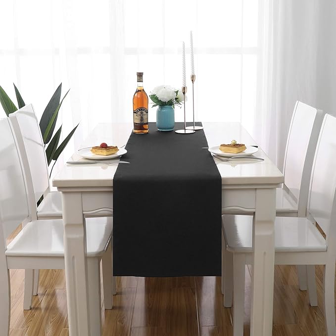 DUALIFE Jet Black Table Runner 14x72 inch Solid Color Thick Polyester Decorative Cloth Handcrafted for Wedding Party Birthday Graduations Banquet,Restaurant & Outdoors 2 Pieces