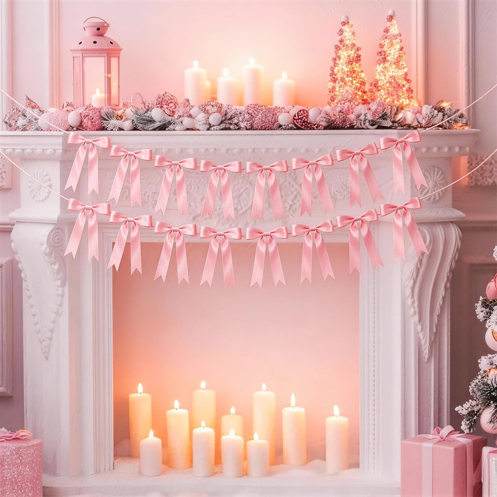 2 Strings Pink Bow Garland Banner Decorations, 16Pcs Pre-Strung Satin Ribbon with 6.7ft Chain for Girl Pink Ribbon Bow Banner Coquette Room Birthday Baby Bridal Shower Wedding Bachelorette Party Decor