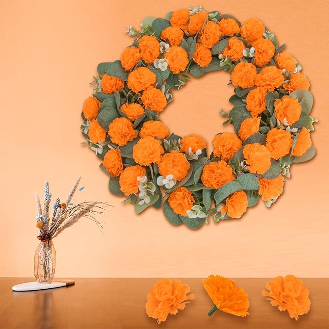 50 Pcs Artificial Marigold Flowers,2" Silk Marigold Flower Heads with Stems,Orange Flowers Artificial for Diwali Decor,Indian Wedding,Home,DIY Wreath Garland,Day of The Dead Decorations