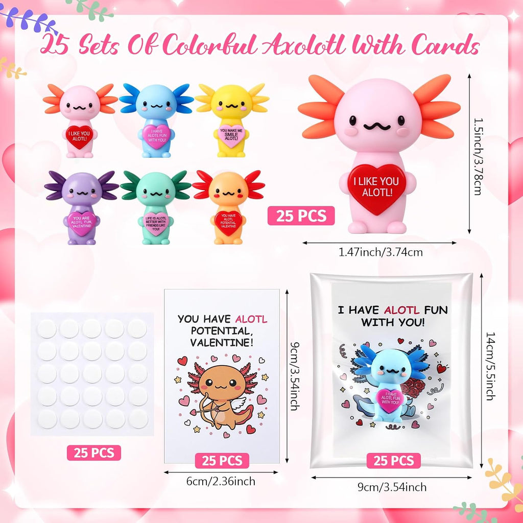 Gejoy 25 Sets Valentines Axolotl Figurines Gifts Positive Mini Axolotl with Positive Card Gift Bags for Valentine's Day Birthday Party Coworkers Employees
