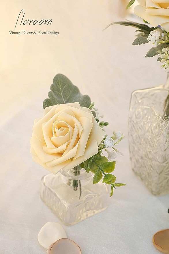 Floroom Artificial Flowers 25pcs Real Looking Creamy Yellow Foam Fake Roses with Stems for DIY Wedding Bouquets Bridal Shower Centerpieces Floral Arrangements Party Tables Home Decorations