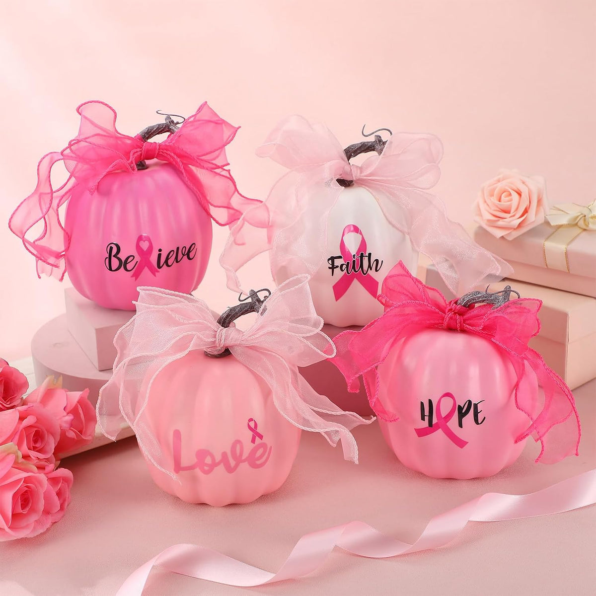 4 Sets Breast Cancer Awareness Pumpkins Decorations Pink Artificial Foam Pump...