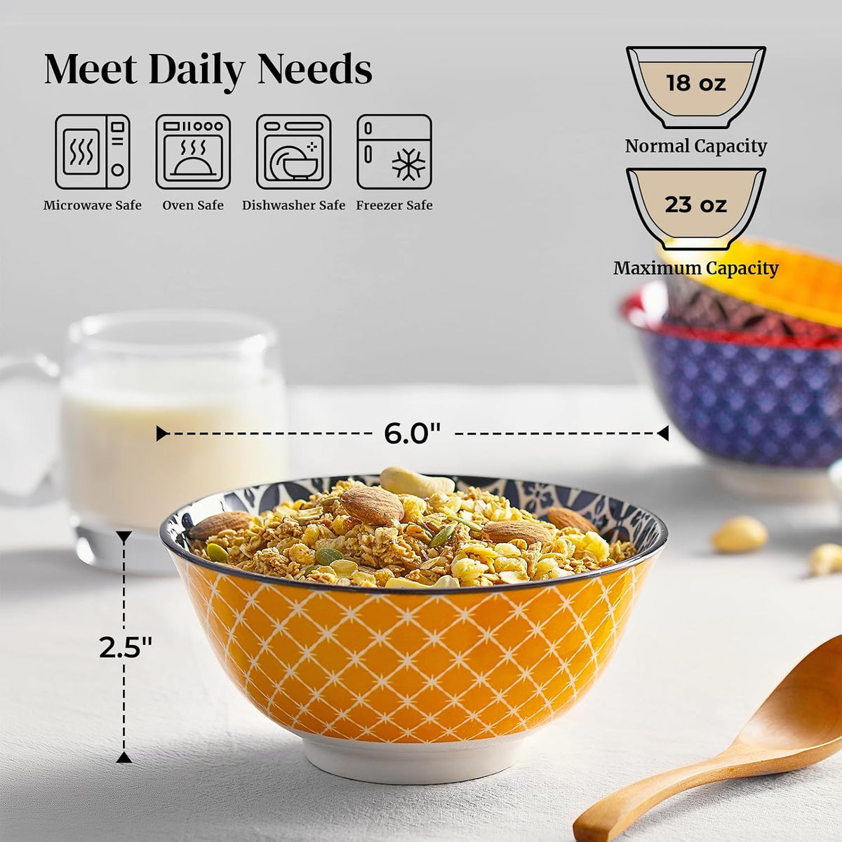 DOWAN Soup Bowls Set of 6, Cereal Bowls for Kitchen, 23 OZ Large Ceramic Bowl...