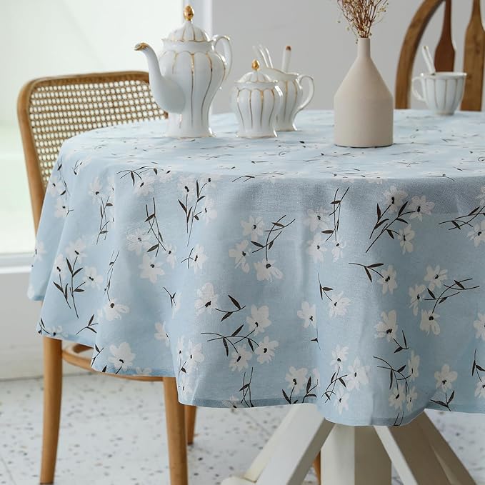 Pastoral Round Tablecloth - 60 Inch Dia. - Linen Fabric Table Cloth - Washable Table Cover with Dust-Proof Wrinkle Resistant for Restaurant, Picnic, Indoor and Outdoor Dining, Floral (Light Blue)