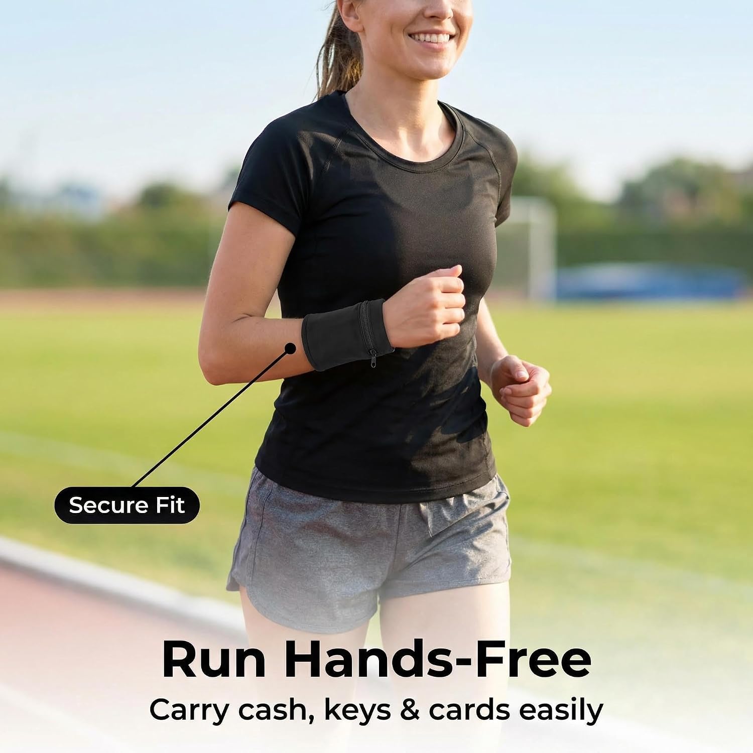 Blue Wristband Wallet Sweatband with Zipper Pocket for Running Walking Cycling Travel Essentials