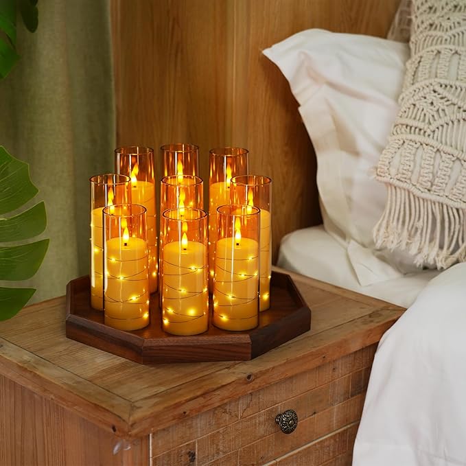 Raycare Flameless Candle with Remote Timer – 9 Flickering Acrylic Battery Operated LED Pillar Candles with Embedded Star String for Halloween, Home Decor, and as a Gift(Glod)