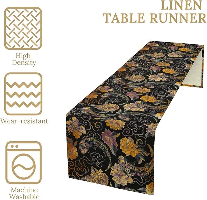 Japanese Table Runner Retro Flowers Oriental Tradition Kio Fish Art Printed Burlap Runner Home Kitchen Dining Table Living Room Decor Fabric 1 Panel W13xL90in