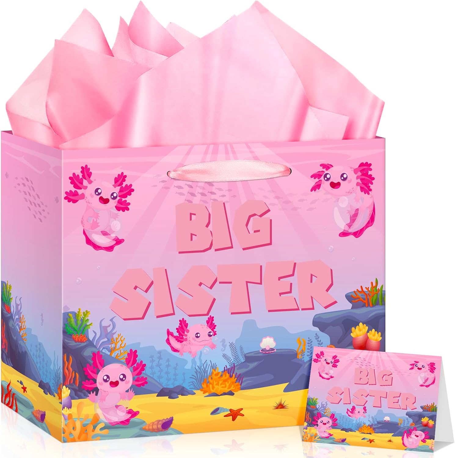 TagreSpike Big Sister Gift Bag for Girls, Axolotl Big Sister Gift Bag with Tissue Paper and Greeting Card Axolotl Wrapping Paper Bags New Sister Party Decor for Little Girl Birthday Party Supplies