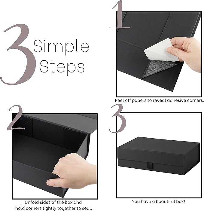 Hard Black Gift Box With Magnetic Closure Lid - 10.5"x7"x3" Pack Of 1 Ribbed Rectangle Favor Boxes For Wedding, Bridesmaid, Groomsman Proposal, Clothing