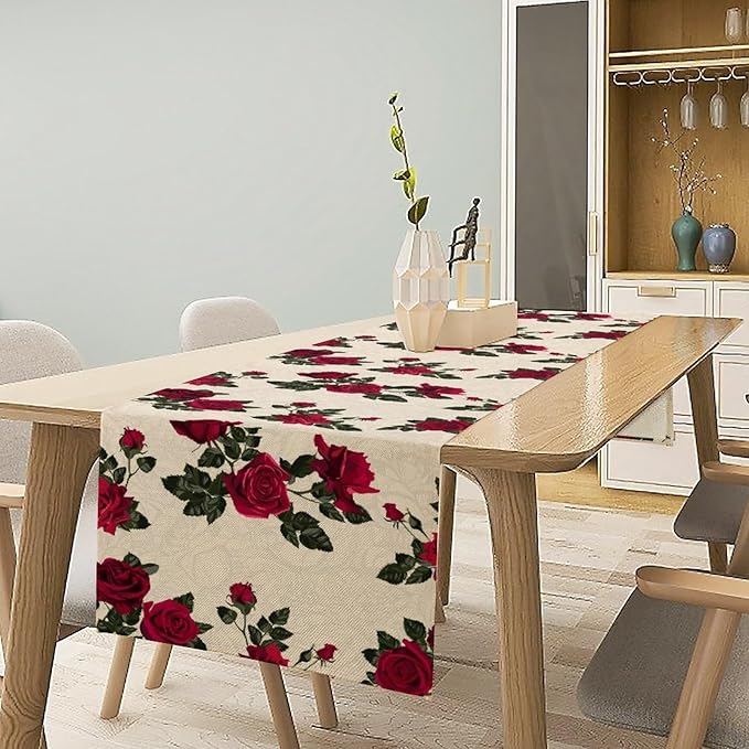 Vintage Rose Table Runner, Red Flowers Green Leaves Valentine's Day Table Runner for Kitchen Dinning Table Runner Decor Home Wedding Party Holiday, 13x36 Inch