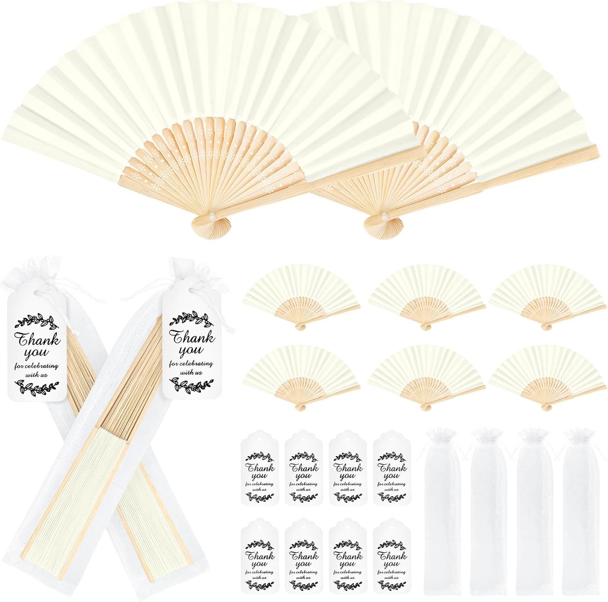 50Set Wedding Hand Fans Party Favors Cream Paper Folding Handheld Fans Bulk, ...