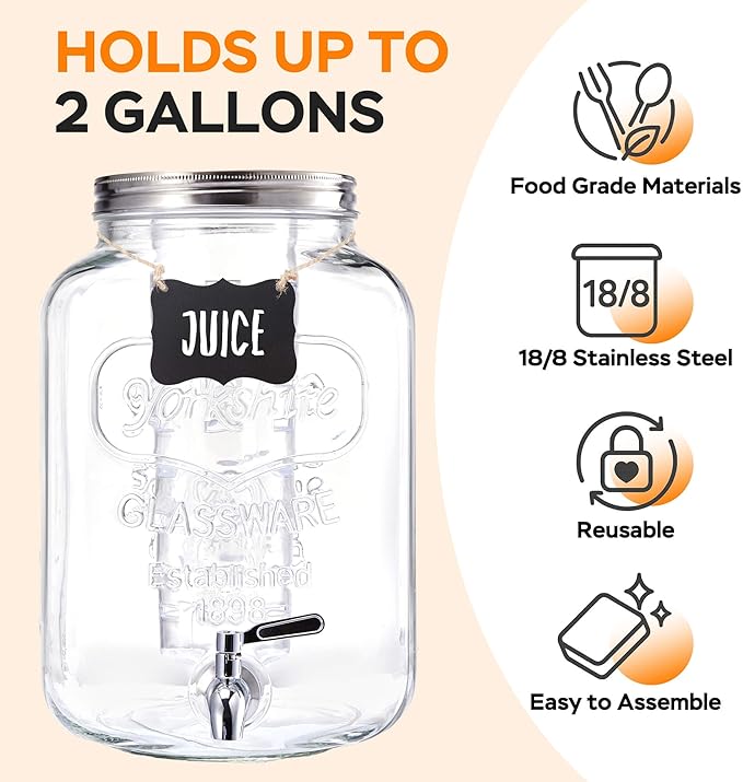 2 Gallon Glass Drink Dispenser for Parties, 2 Pack Beverage Dispenser with Stand, Lemonade Dispenser with 18/8 Stainless Steel Spigot, Leakproof for Sun Tea, Juice, Picnic, BBQ & Bars