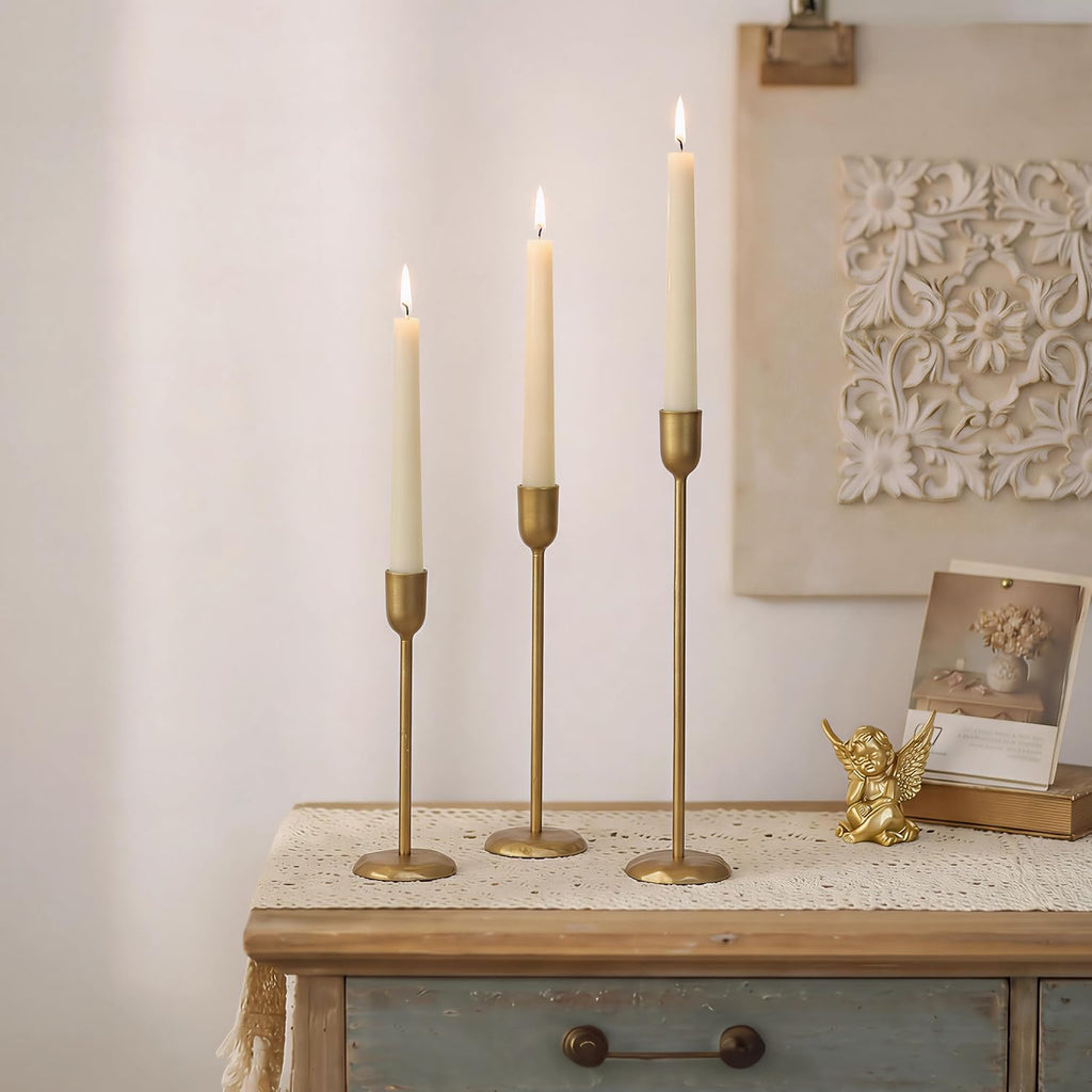 Perfnique Brass Candlestick Holders Set of 3 - Antique Gold Iron Candle Holders for Christmas, Birthday, Wedding, Party, Dining Table, Fireplace Mantel Decor