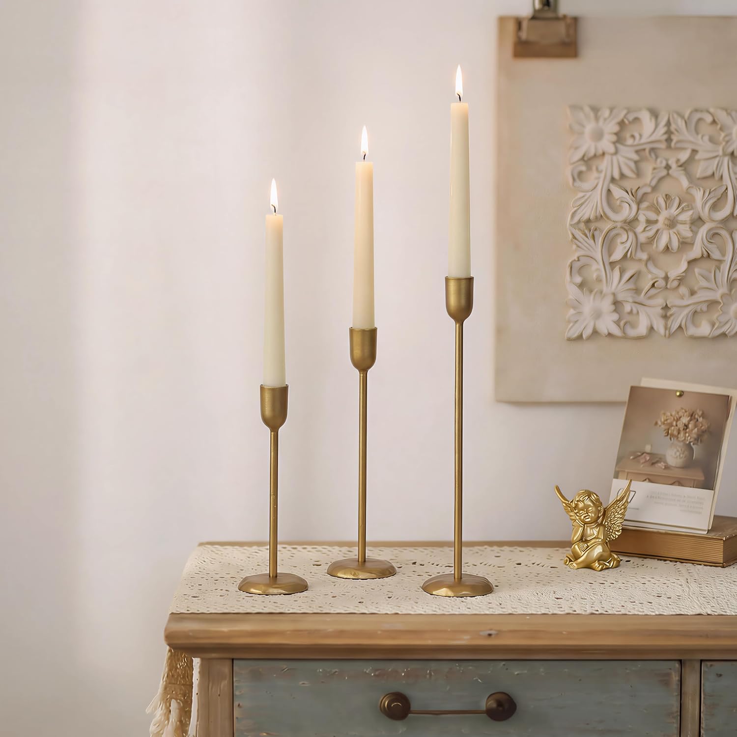 Perfnique Brass Candlestick Holders Set of 3 - Antique Gold Iron Candle Holders for Christmas, Birthday, Wedding, Party, Dining Table, Fireplace Mantel Decor