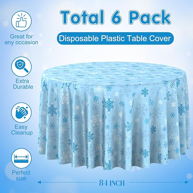 6Pcs Christmas Snowflake Plastic Party Tablecloth Decorations,Disposable Light Blue Snowflake Xmas Round Table Cover Backdrop for Winter Onederland Christmas Holiday Party Supplies,84 inch(Light Blue)