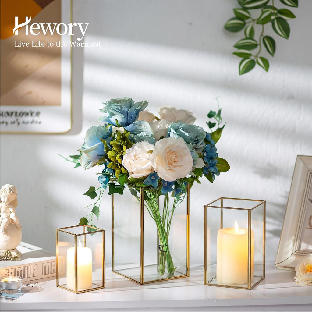 Hewory Glass Hurricane Candle Holder: Gold Hurricane Candle Holders with Metal Frame Square Set of 3, Clear Candle Holder for Table Centerpiece Wedding Christmas Engagement Birthday Party Decorations