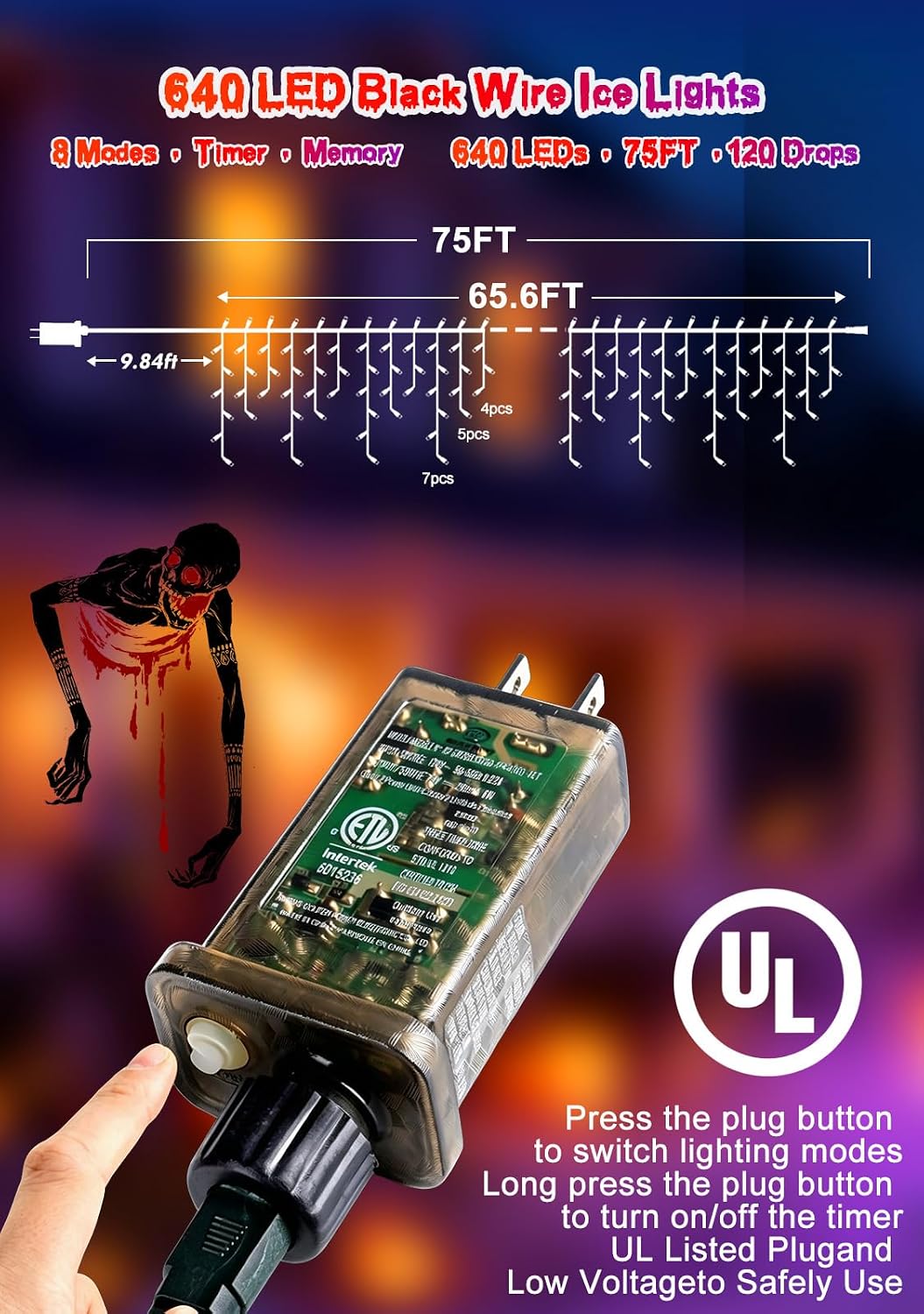 66FT 640LED Orange Purple Halloween Lights Outdoor 8 Modes Plug-in