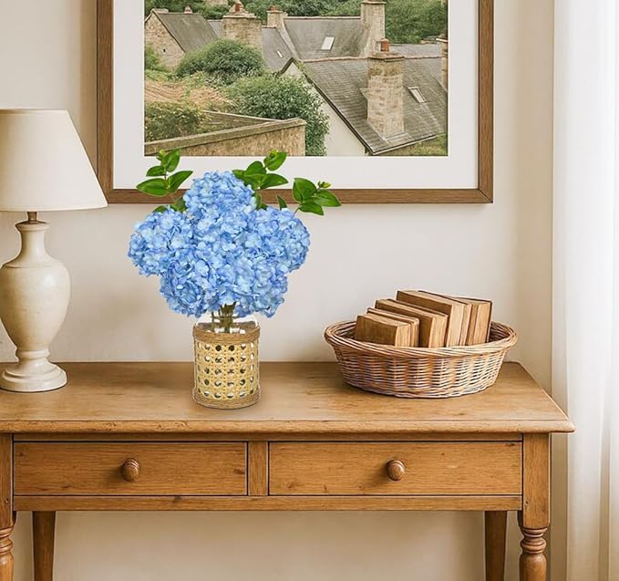 Hollyone Blue Hydrangea Artificial Flowers in Woven Glass Vase with Faux Water Silk Hydrangeas Fake Flowers Floral Arrangement for Home Indoor Bathroom Kitchen Office Table Centerpiece Shelf Decor