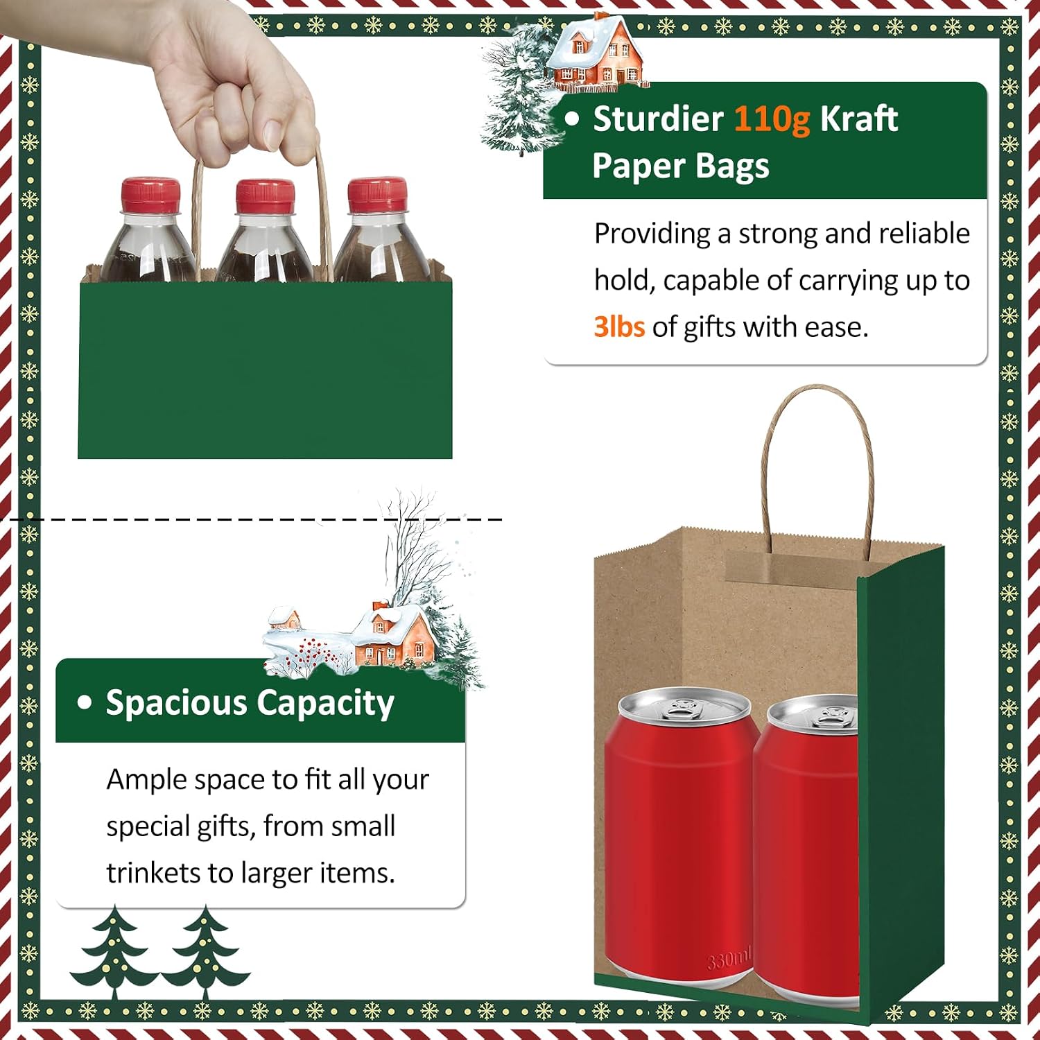 BagDream Forest Green Gift Bags with Handles Bulk 5.25x3x8 Inch 100Pcs Small Kraft Paper Bags for Christmas, Thanksgiving, Craft, Party Favors, Retail, Grocery, Recyclable