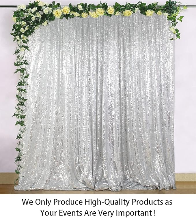 ShinyBeauty Silver Sequin Curtain 2Panels 5FTx10FT Glitter Wedding Backdrop for Photography - Shimmer Payette Fabric Background